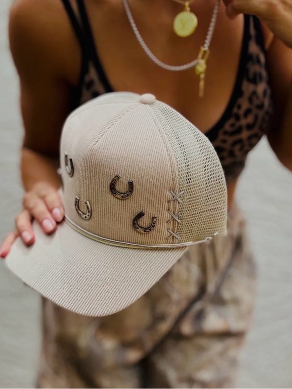 Beige Embellished Trucker Hat